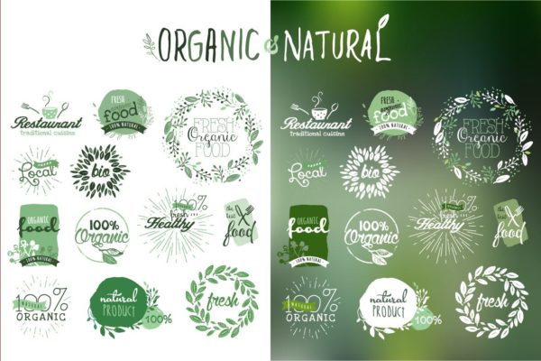 手绘有机产品贴纸&徽章矢量Logo设计素材v5 Organic products stickers and badges