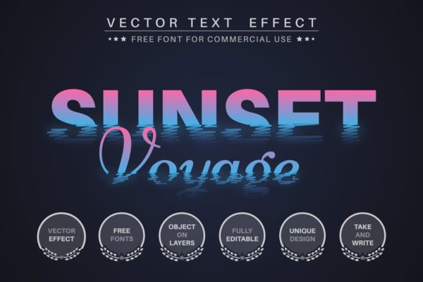 海边日落渐变色文字效果字体样式矢量素材 Sunset voyage – editable text effect,  font style