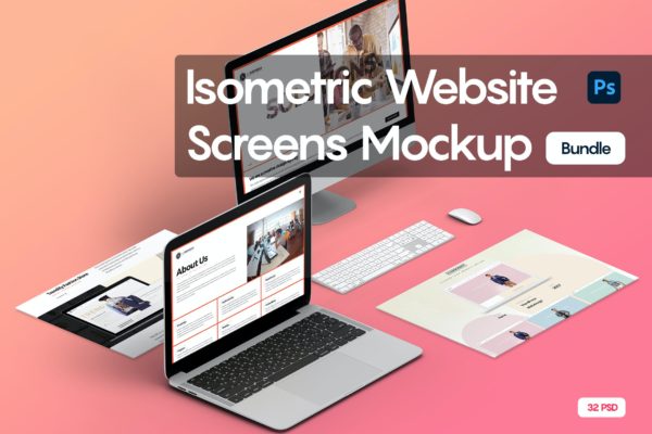 等距网站屏幕展示样机套装 Isometric Website Screens Mockup Bundle