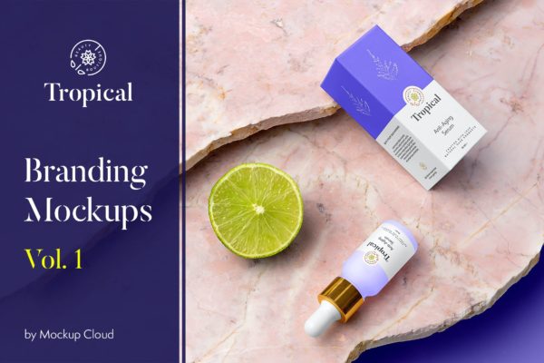 热带元素化妆品套装品牌设计样机v1 Tropical – Cosmetics Branding Mockups Vol. 1