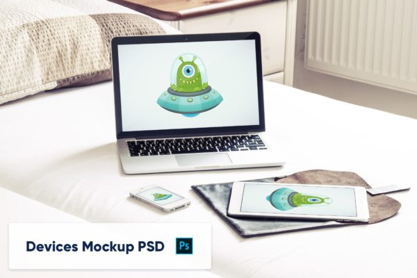 响应式苹果设备屏幕展示样机图素材 Laptop, Tablet and Phone – Responsive Devices PSD