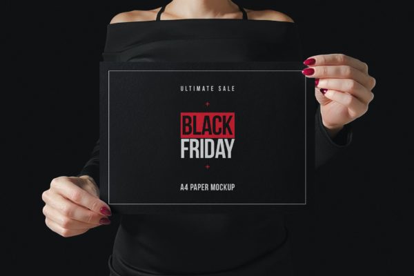 高端黑色场景A4尺寸广告宣传单效果图样机 Woman Holding A4 Paper Black Scene Mockup