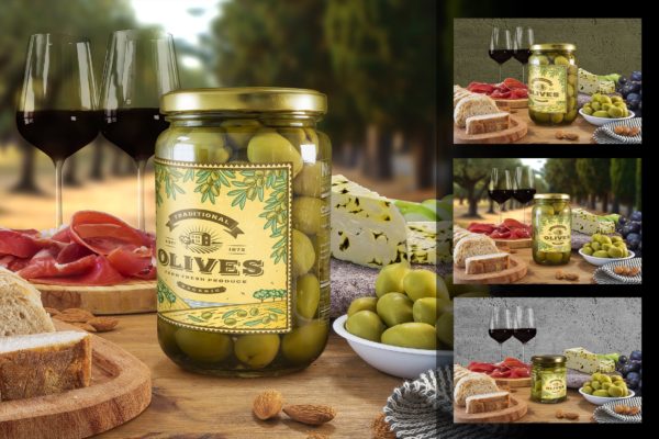 绿橄榄玻璃罐包装设计样机集 Green Olives Package Mockup Set