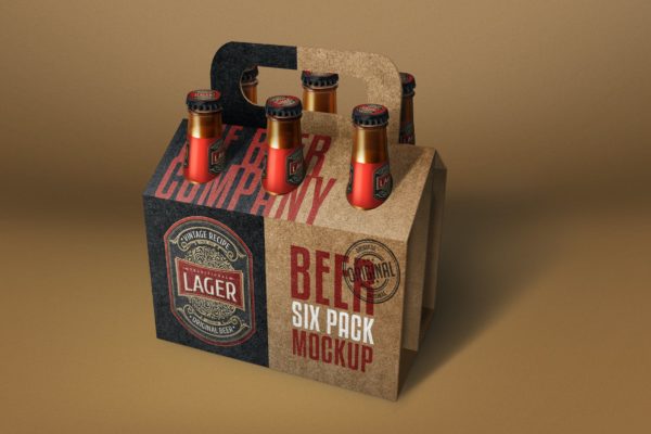 六支装啤酒瓶包装设计样机 Beer Bottle Six Pack Mockup
