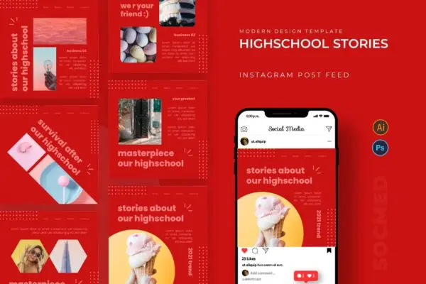 现代时尚Instagram帖子设计社交媒体模板 Highschool Stories Socmed Post