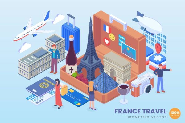 法国旅行假期主题2.5D矢量等距概念插画  Isometric France Travel Holiday Vector Concept