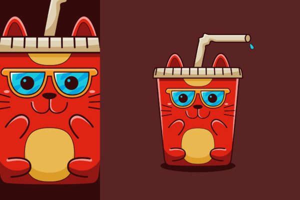 可爱卡通风格猫咪饮料杯矢量插画素材 Cute Drink Cat Vector Cartoon Style