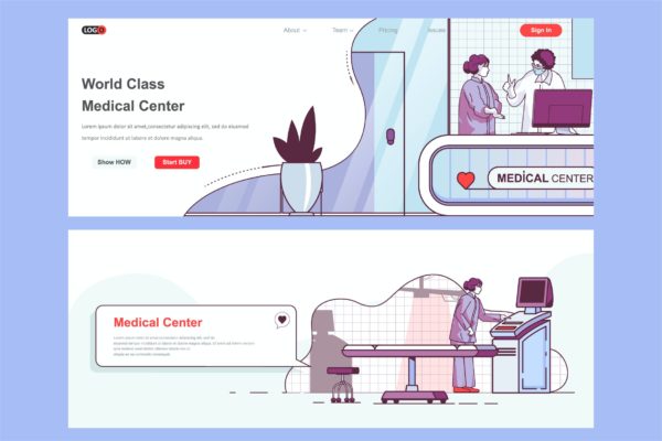 医疗中心主题网页设计矢量插画素材 Medical Center Header Footer or Middle Content
