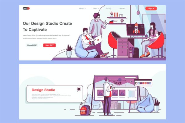 设计公司主题网页设计矢量插画素材 Design Studio Header Footer or Middle Content