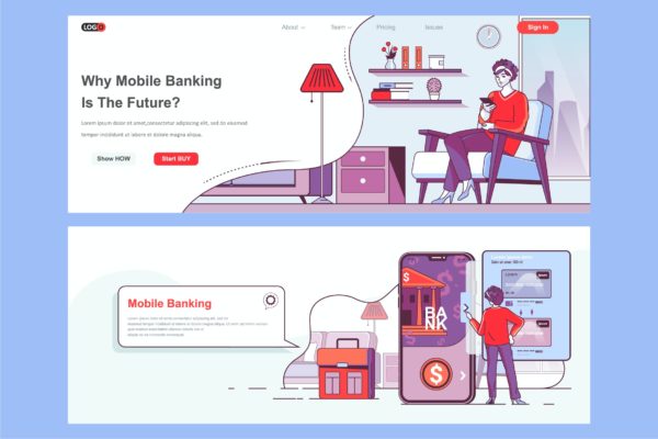 手机银行主题网页设计矢量插画素材 Mobile Banking Header Footer or Middle Content