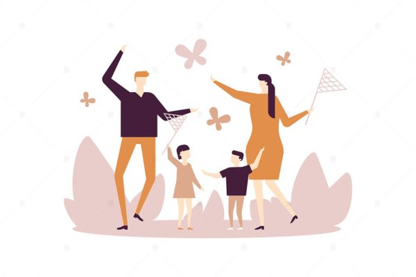 家庭亲子活动主题扁平化矢量插画 Family catching butterflies – flat illustration