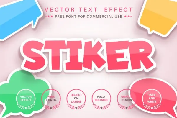 彩色贴纸文字效果字体样式矢量素材 Color sticker – editable text effect,  font style.