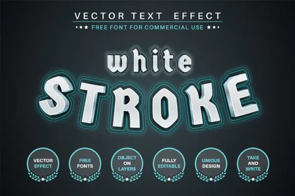 白色描边文字效果字体样式矢量素材 White stroke – editable text effect,  font style