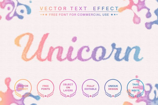 水彩独角兽文字效果字体样式矢量素材 Watercolor unicorn – editable text effect