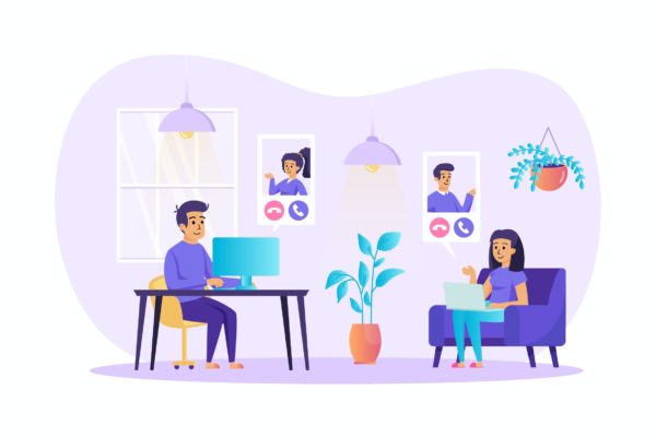 网络视频会议场景UI插画矢量图素材 Video Conference at Office Scene
