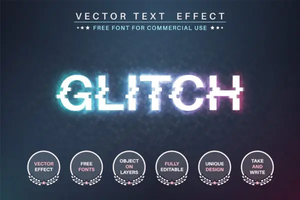 毛刺故障文字效果字体样式矢量素材 Glitch – editable text effect,  font style