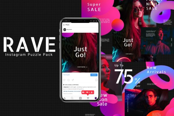 全息渐变时尚设计Instagram拼图模板套装v5 Rave – Instagram Puzzle Pack