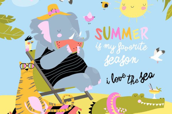 夏天日光浴可爱动物卡通矢量图素材 Cute cartoon animals sunbathing on beach. Hello