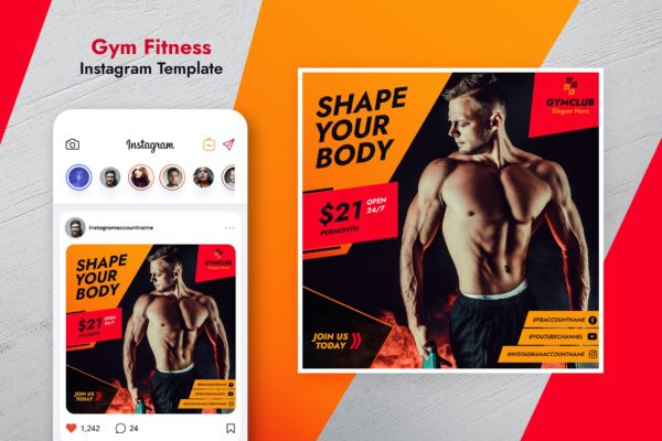 健身房健身广告设计Instagram社交模板v12 Gym Fitness Instagram Template