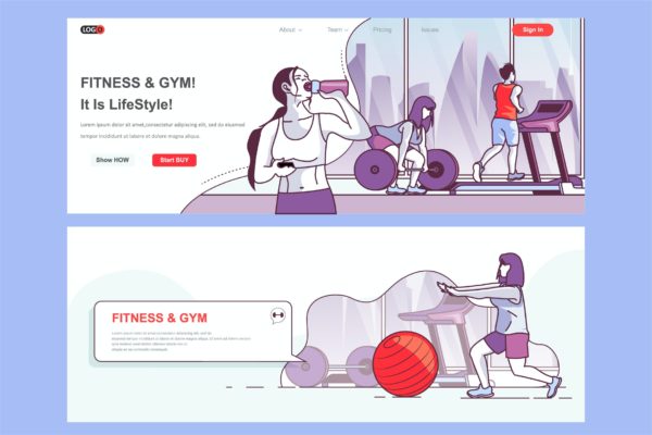 健身房主题网页设计矢量插画素材 Fitness Gym Header Footer or Middle Content