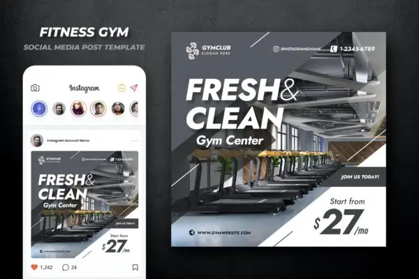 健身房健身广告Instagram社交媒体模板v8 Gym Fitness Social Media Template