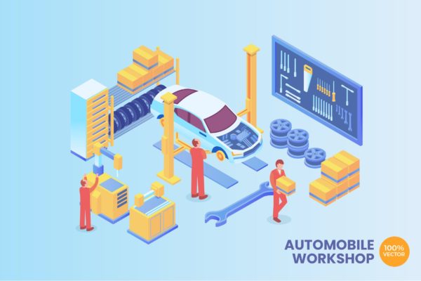汽车车间主题2.5D矢量等距概念插画 Isometric Automobile Workshop Vector Concept