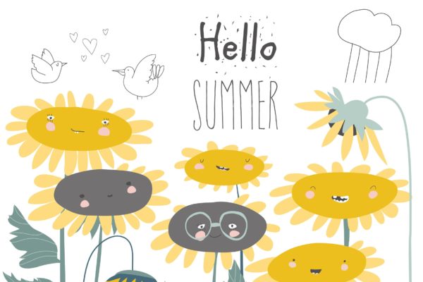 夏季主题微笑向日葵卡通矢量图素材 Cute cartoon smiling sunflowers. Flowers with smil