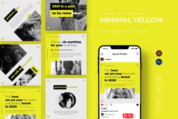 极简黄色主题Instagram帖子设计社交媒体模板 Minimal Yellow Socmed Post