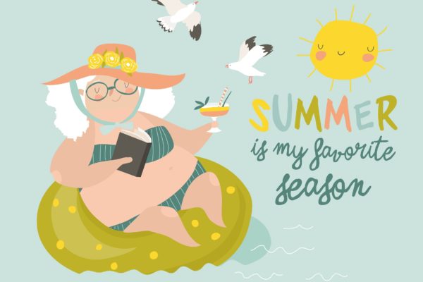 老年人夏季泳池活动卡通矢量图素材 Old lady swimming in a pool with a cocktail.