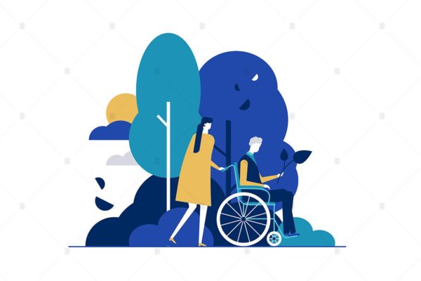 公园散步场景矢量插画素材 Young woman with disabled man in park illustration