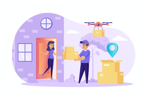 送货上门场景UI插画矢量图素材 Courier Delivering Order to Home Scene