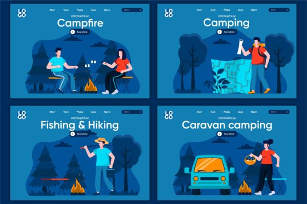 野外露营场景扁平设计着陆页插画模板 Caravan Camping Flat Concept Landing Page Template