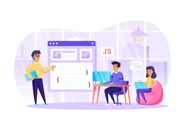 开发编程办公场景UI插画矢量图素材 Developing Programming Software at Office Scene