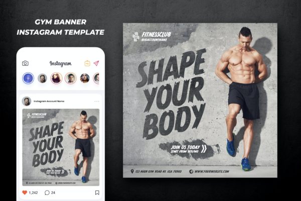 健身房健身广告设计Instagram社交模板v9 Gym Fitness Instagram Template