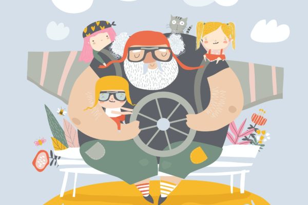 爷爷和孙子娱乐场景卡通矢量图素材 Grandfather with grandchildren playing airplane