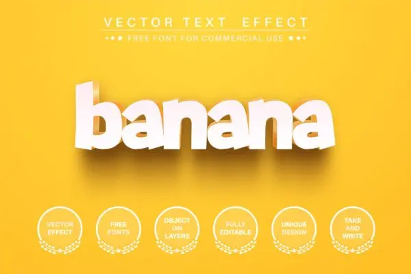 黄色香蕉风格文字效果字体样式矢量素材 Yellow banana – editable text effect,  font style.