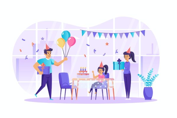 家庭生日庆祝场景UI插画矢量图素材 Family Celebrating Birthday Scene