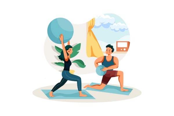 居家锻炼场景插画矢量素材 Couple doing exercise in home
