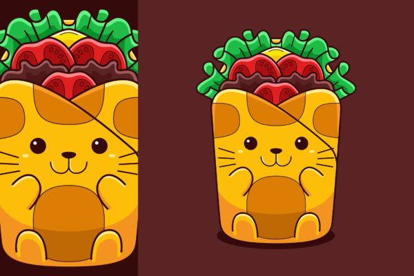 可爱卡通风格猫咪包裹美食矢量插画素材 Cute Wrap Cat Vector Cartoon Style
