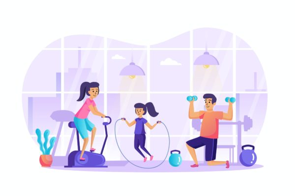 健身房锻炼场景UI插画矢量图素材 Sports Family Doing Fitness in Gym Scene