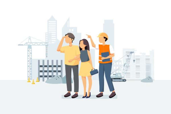视察工地场景矢量插画素材 Buyers & builder looking at a job site