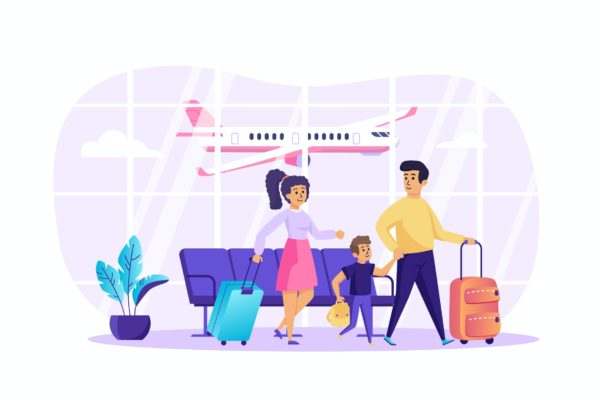 家庭机场候机场景UI插画矢量图素材 Family with Kid in Airport Terminal Scene