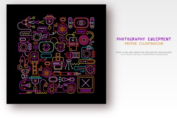 霓虹灯线条摄影器材矢量插画素材 Photo Equipment (neon + outline, 3 options)
