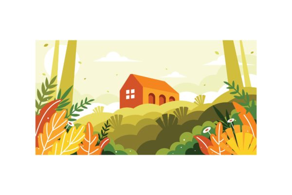 山上房屋风景矢量插画 A view of a building on a hill illustration