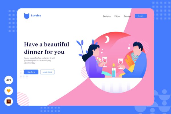 浪漫晚餐主题网页头部插画设计素材 Beautiful Dinner – Website Header – Illustration