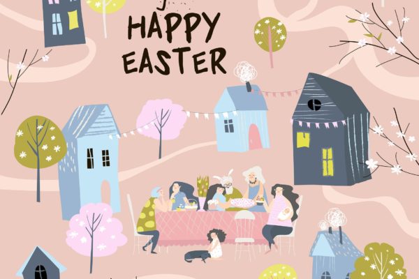 幸福家庭复活节晚餐卡通矢量图素材 Cartoon happy family having Easter dinner in garde