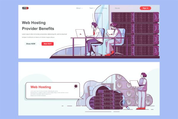 服务器托管主题网页设计矢量插画素材 Hosting Provider Header Footer or Middle Content