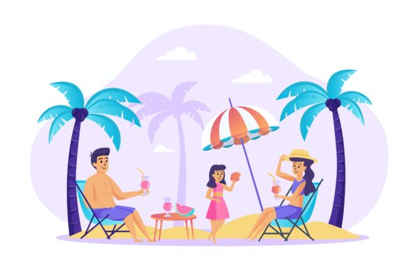 夏季海滩度假场景UI插画矢量图素材 Family Resting at Summer Beach Scene