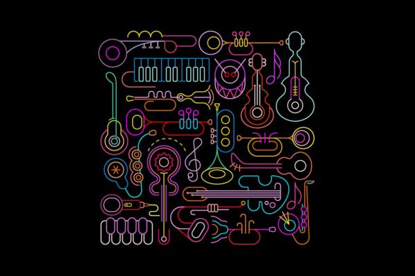 霓虹灯乐器设备方形设计矢量插画 Music Instruments Square Designs