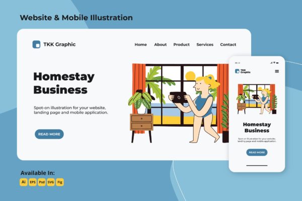 夏季休闲生活场景响应式网站首页UI设计模板 Homestay business in summer web and mobile